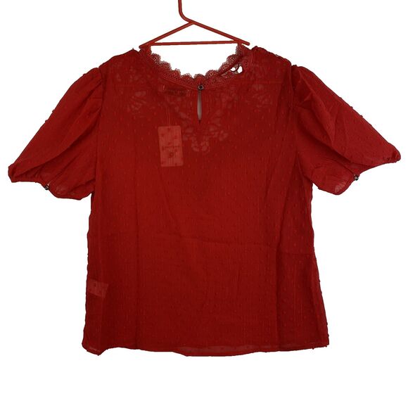 Women’s Sheer Red Lace Short Sleeve Blouse Size M - Picture 3 of 12